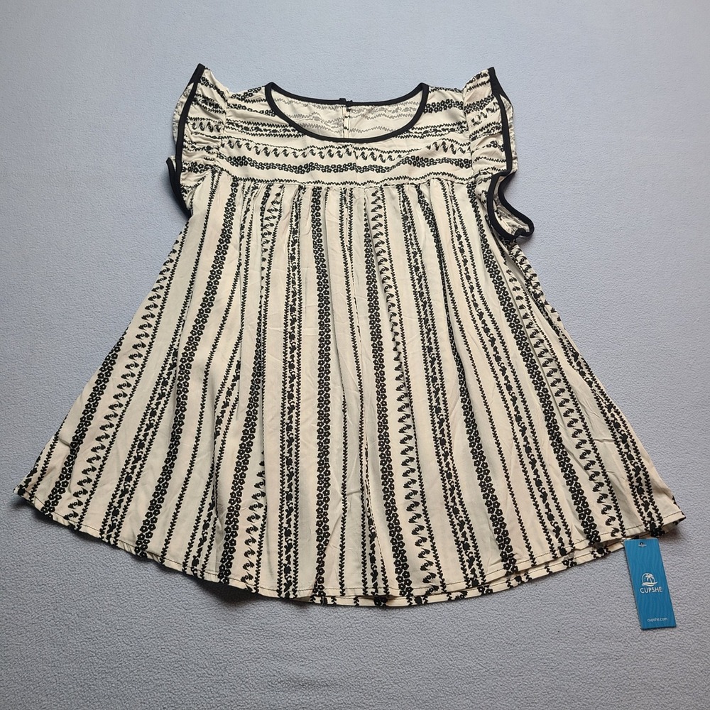 Cupshe Mini Dress Womens Large White Black NWT Boho Floral Stripe Ruffle Sleeve